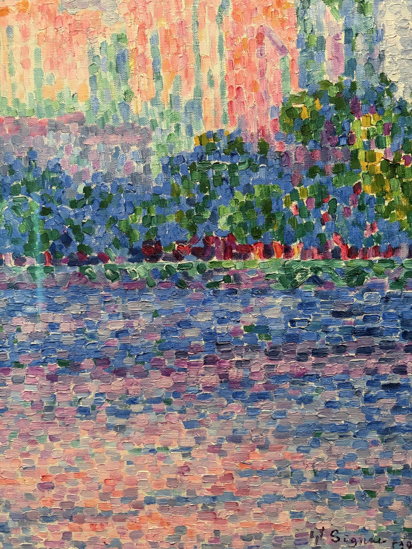 Toile pointilliste de Paul Signac représentant un bord d'eau au coucher du soleil
